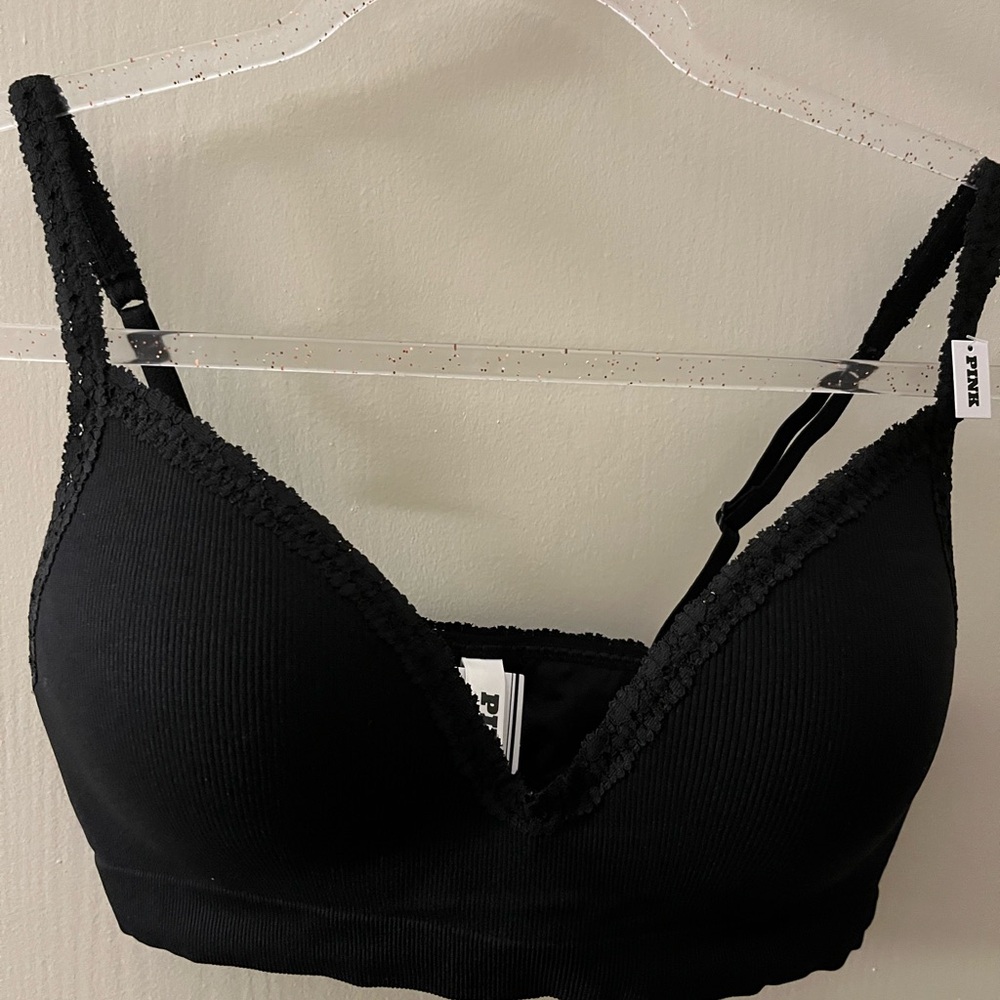 PINK Victoria's Secret Black Lace-Trim Wireless Padded Bralette